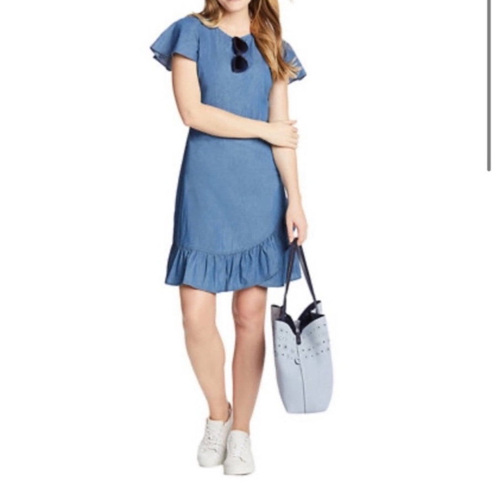 Draper James Ruffle Sleeve Chambray Blue Denim Dress - Picture 3 of 10